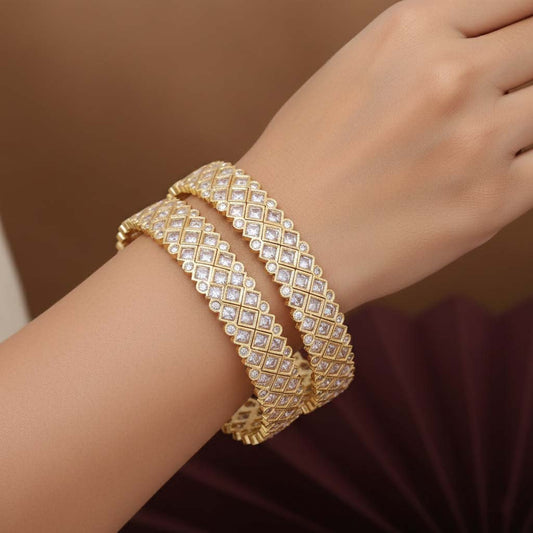Gold Color Royal Finish American Diamond Bangle Size: 2.6 For Bridal And Party Wear