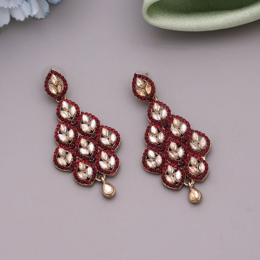 Magenta Color Matte Gold Earrings With Antique Inspired Detailing For Festive Elegance