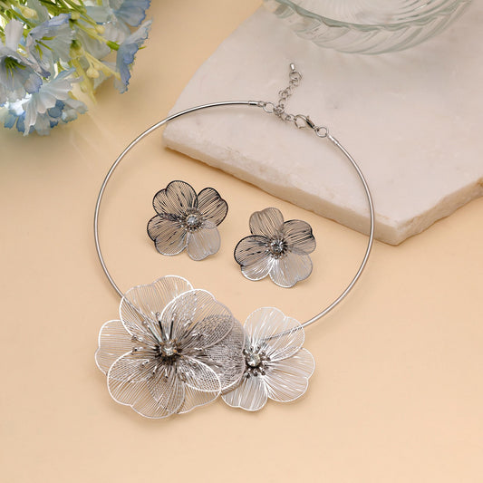Silver Color Floral Shape Anti Tarnish Hasli Necklace Set with Stylish Design