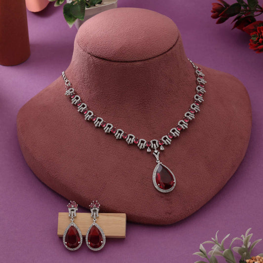 Ruby Color Elegant Traditional American Diamond Necklace Set For Brides And Party Use