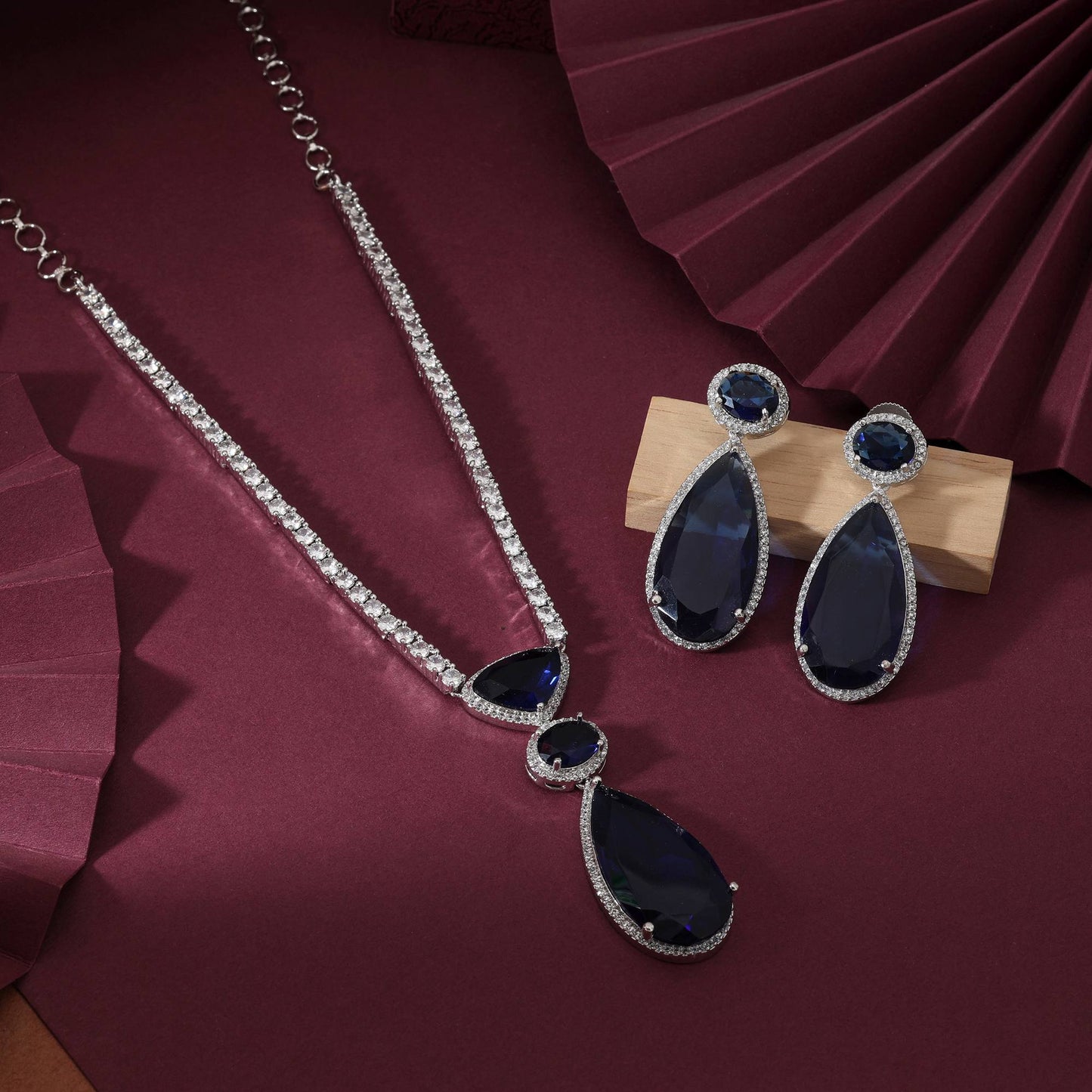 Blue Color Classic Round Cut American Diamond Necklace Set For Elegant Party Wear