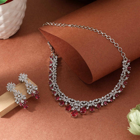 Ruby Color Premium Shine American Diamond Necklace Set For Wedding And Ethnic Attire