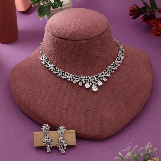 Silver Color Stylish Handcrafted American Diamond Necklace Set For Modern Bridal Jewelry