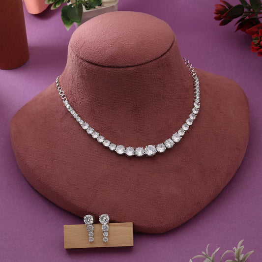 Silver Color Glamorous Stone Studded American Diamond Necklace Set For Party Occasions