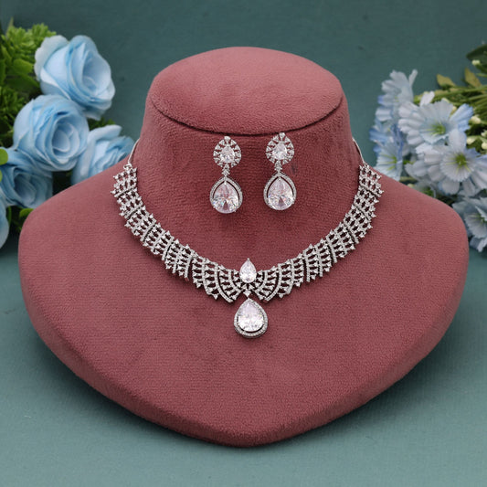 Silver Color American Diamond Necklace Set With Premium Sparkle For Special Events