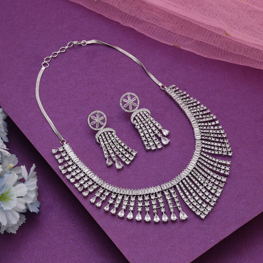 Silver Color American Diamond Necklace Set Inspired By Classic Luxury Jewellery Design
