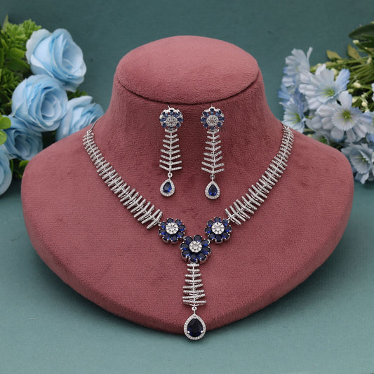 Blue Color American Diamond Necklace Set Perfect For Stylish Festive And Party Wear