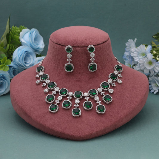 Green Color American Diamond Necklace Set Crafted To Enhance Ethnic And Wedding Looks