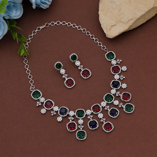 Multi Color American Diamond Necklace Set Blending Vibrant Stones With Premium Finish