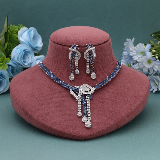 Blue Color American Diamond Necklace Set Crafted For Stylish Evening And Party Looks