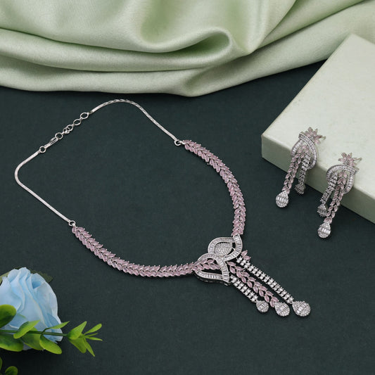 Pink Color American Diamond Necklace Set With Soft Glamour For Festive Wear