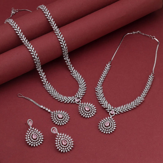 Pink Color American Diamond Necklace Set With Feminine Charm And Festive Appeal