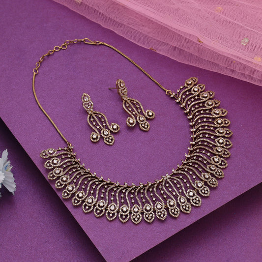 Gold Color American Diamond Necklace Set Featuring Luxurious Shine For Special Occasions