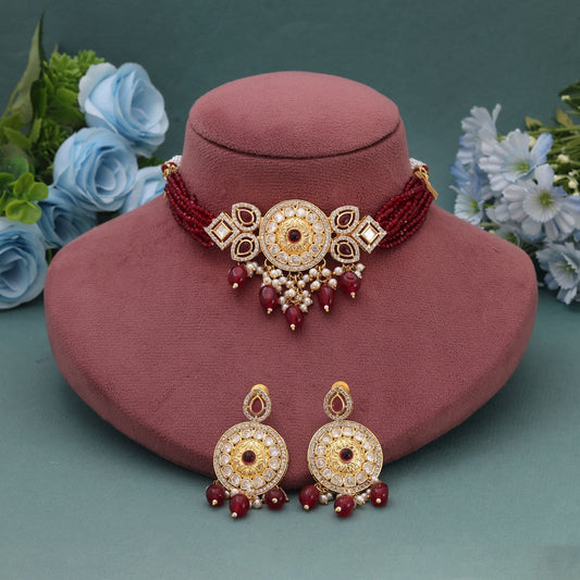 Maroon Color Choker American Diamond Necklace Set Crafted For Rich Festive Styling