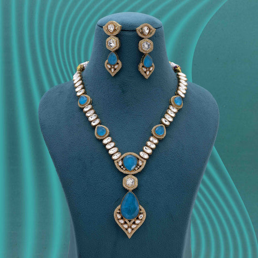 Firozi Color Long American Diamond Necklace Set Designed For Grand Traditional Wear
