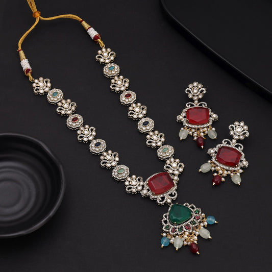 Multi Color Long American Diamond Necklace Set With Vibrant Stones And Luxury Finish