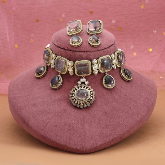 Grey Color Choker American Diamond Necklace Set Designed For Modern Ethnic Styling