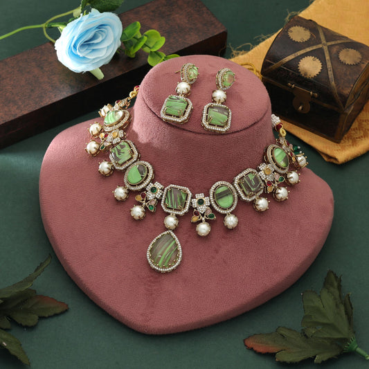 Light Green Color American Diamond Necklace Set Elegant Party Wear Jewelry Collection