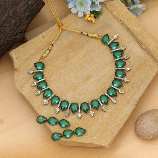 Green Color American Diamond Necklace Set Traditional Stylish Ethnic Party Wear Jewelry
