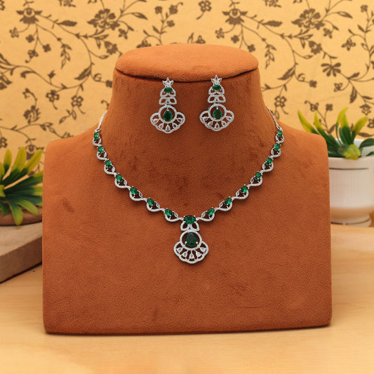 Green Color American Diamond Necklace Set Stylish Festive Ethnic Jewelry Design Collection