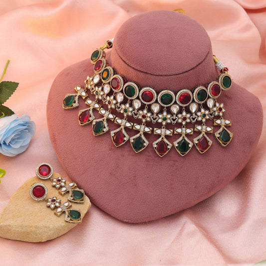 Designer Maroon & Green Color American Diamond Necklace Set For Women