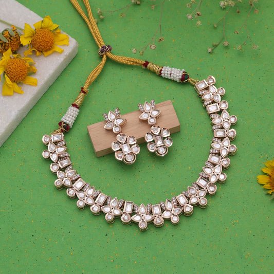 White Color Moissanite Polki Necklace Set with Elegant Sparkling Bridal Jewelry Style