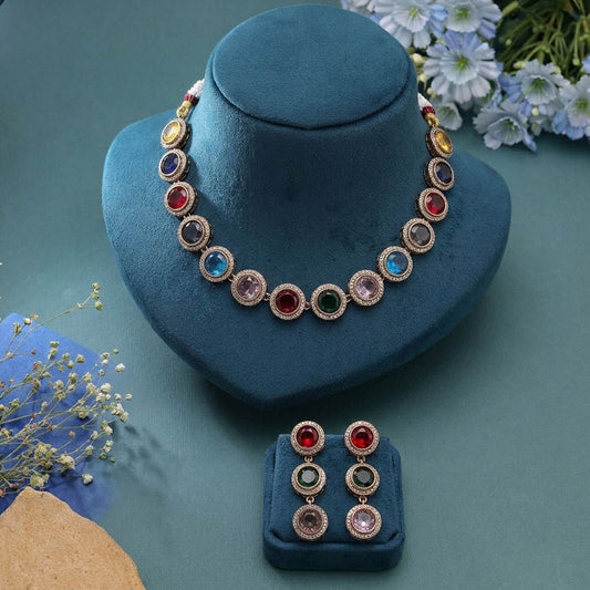 Multi Color American Diamond Navratna Necklace Set with Elegant Traditional Jewelry Design