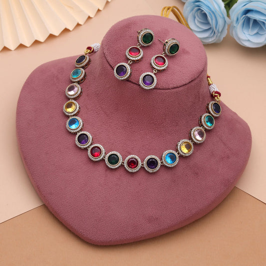 Multi Color American Diamond Navratna Necklace Set Featuring Premium Festive Ethnic Style
