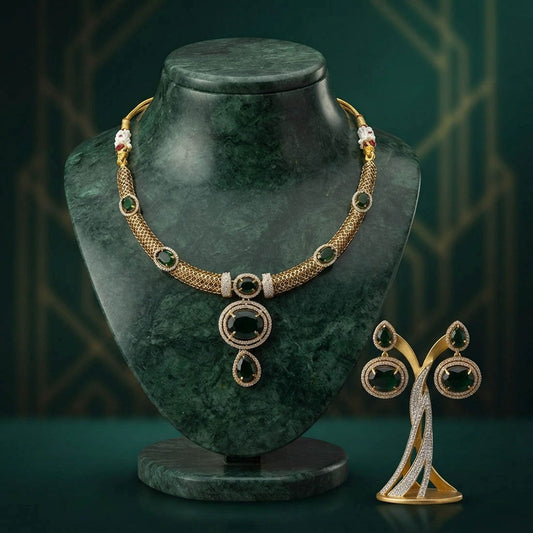 Green Turkish Stone With American Diamond Necklace Set with Beautiful Traditional Appeal