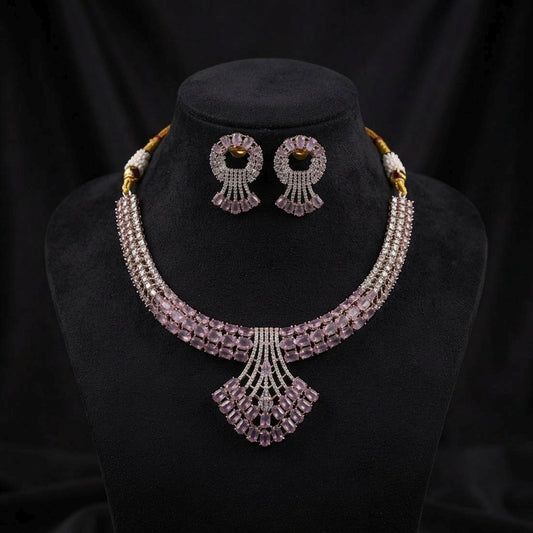 Pink Color American Diamond Necklace Set Featuring Premium Sparkling Party Wear Style
