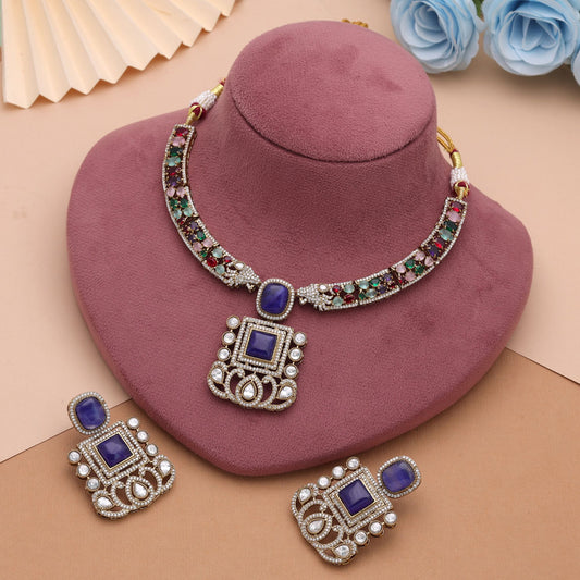 Blue Color American Diamond Polki Necklace Set Featuring Beautiful Ethnic Fashion Style