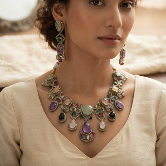 Multi Color Sabyasachi Inspired AD & Russian Stone Necklace Set Festive Jewelry Style