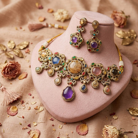Grand Statement Multi Color Sabyasachi Inspired Russian Stone Necklace Set For Weddings