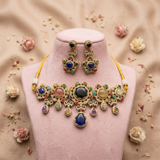 Dazzling Festive Multi Color Sabyasachi Inspired Russian Stone Necklace Set For Parties