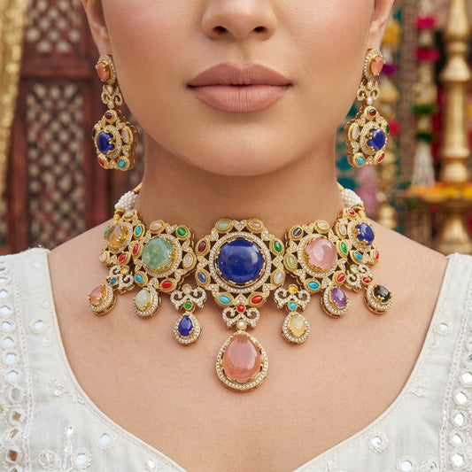 Unique Antique Multi Color Sabyasachi Inspired Russian Stone Necklace Set For Sangeet