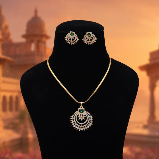 Elegant Royal Green Color American Diamond Pendant Set Styled For Wedding Guests