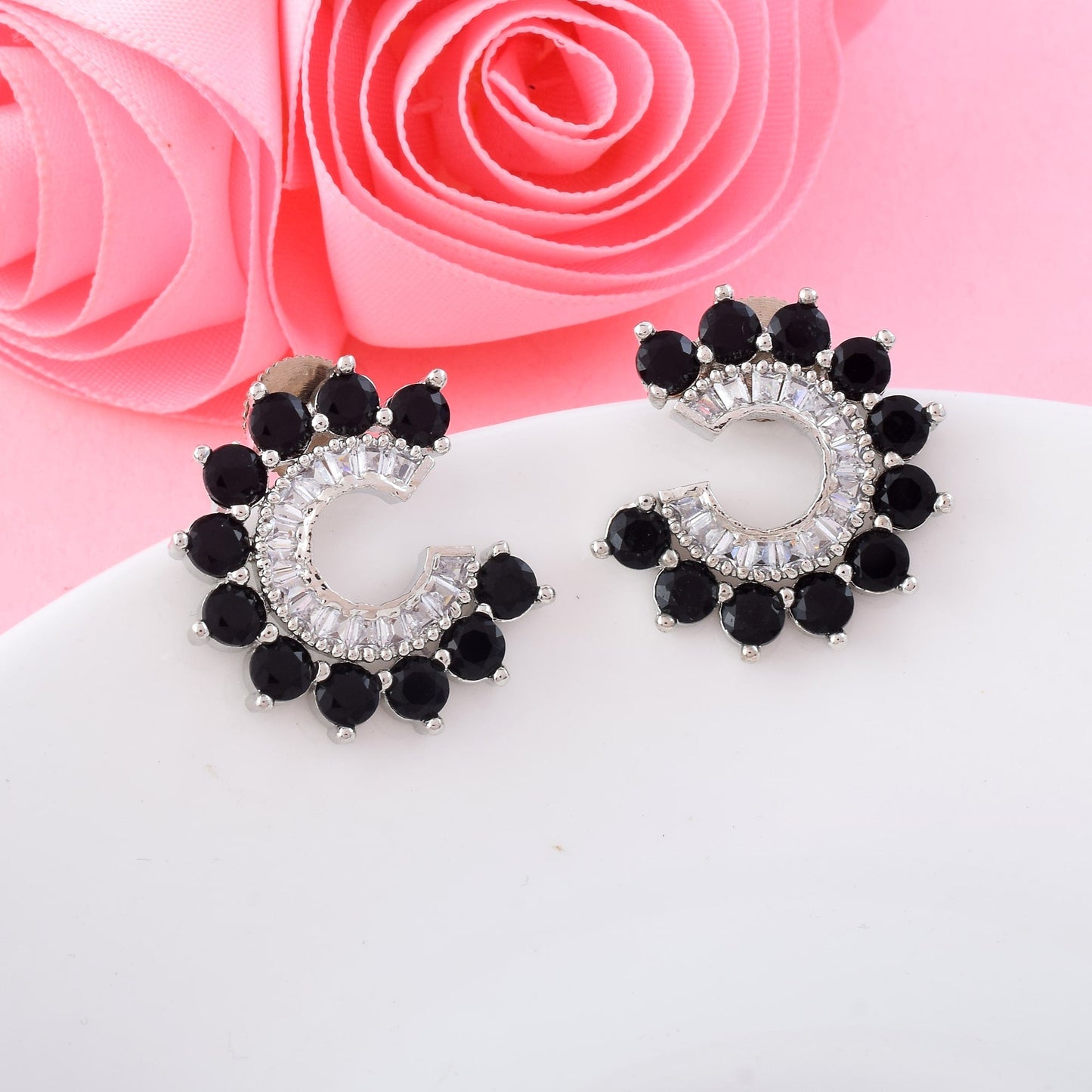 Black Color American Diamond Earrings In Bold Ethnic Fusion Style