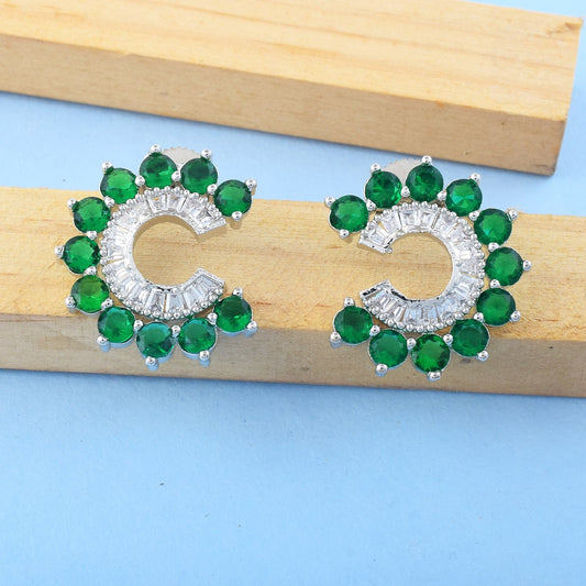 Green Color American Diamond Earrings In Traditional Festive Dangle Style