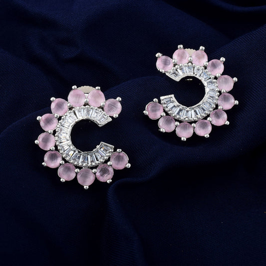 Pink Color American Diamond Earrings Featuring Floral Crystal Pattern Finish