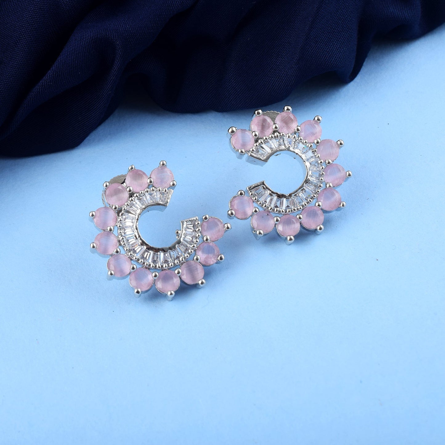 Pink Color American Diamond Earrings Featuring Floral Crystal Pattern Finish