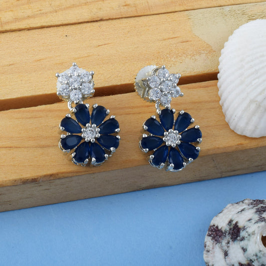 Blue Color American Diamond Earrings With Unique Peacock Feather Detailing