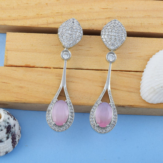 Pink Color American Diamond Earrings In Elegant Minimalist Studded Design