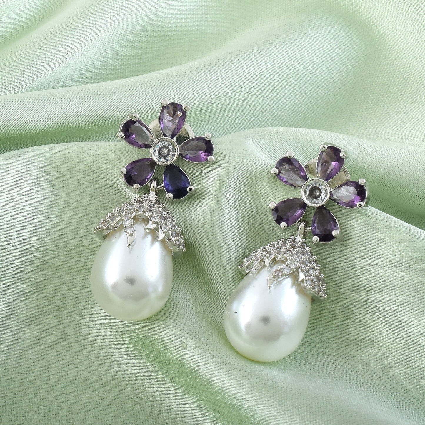 Light Purple Color American Diamond Earrings With Delicate Heart Stud Style