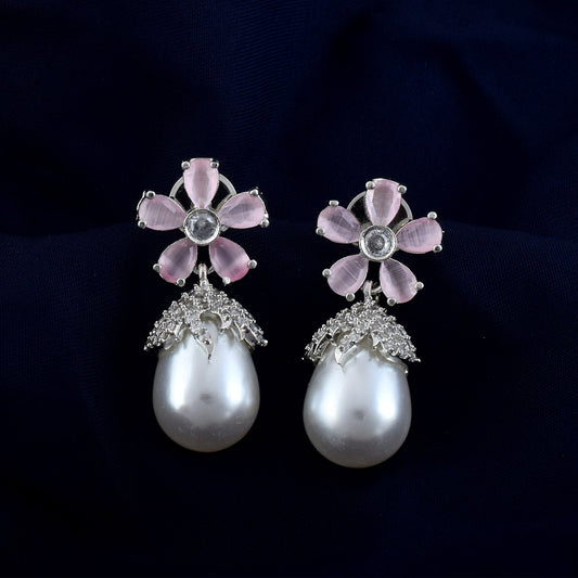 Pink Color American Diamond Earrings In Sparkling Multi-Crystal Dangling Look