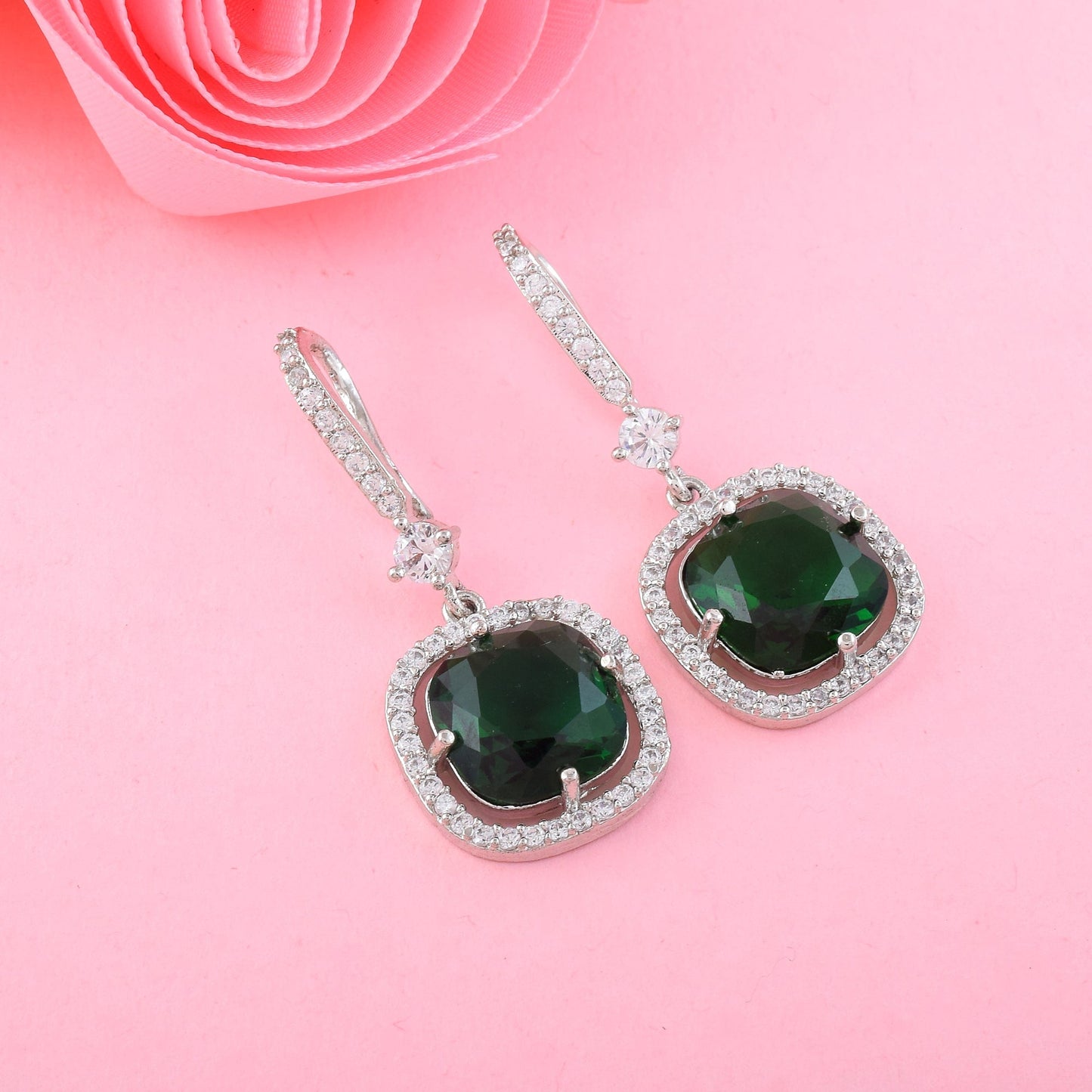 Green Color American Diamond Earrings In Long Layered Dangler Style