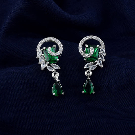 Green Color American Diamond Earrings With Antique Motif And Gem Finish