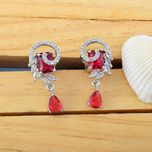 Ruby Color American Diamond Earrings In Traditional Jhumka Drop Style
