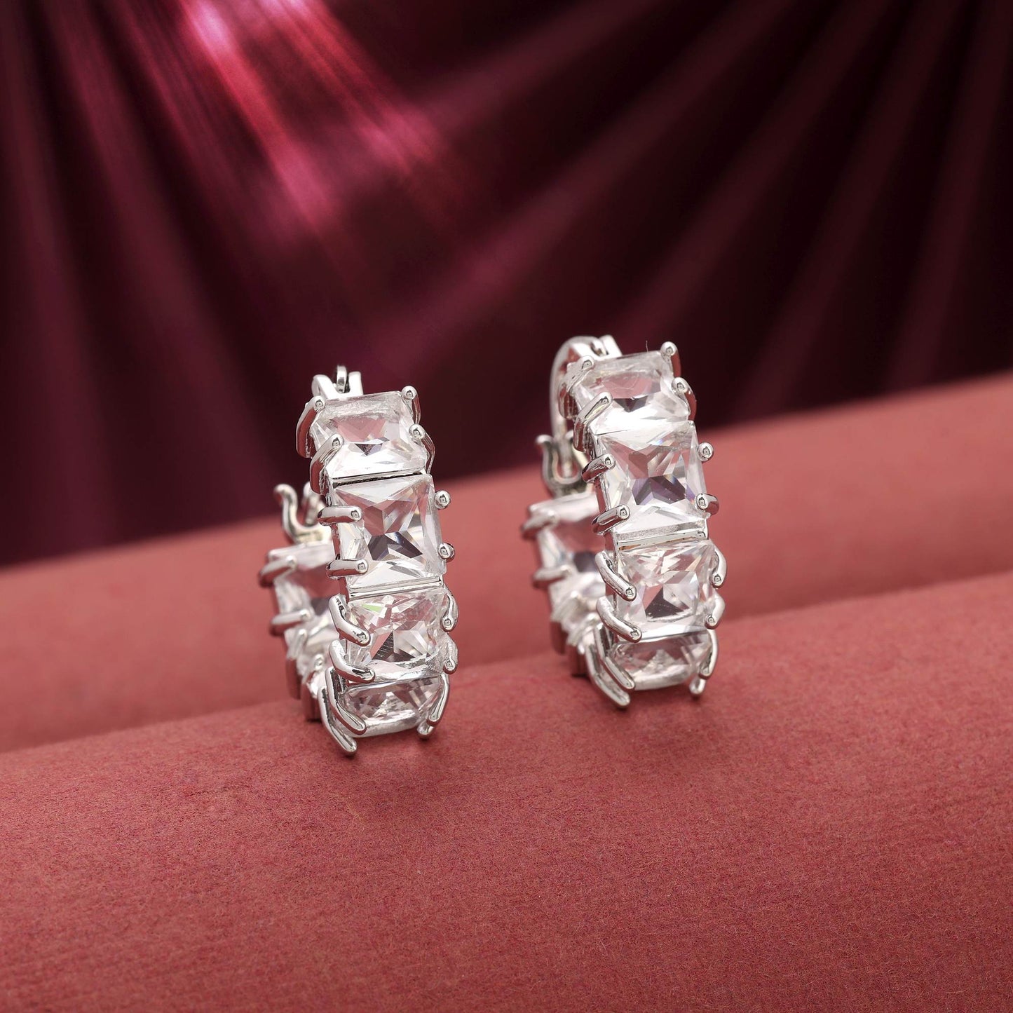 Silver Color Elegant Shiny Finish American Diamond Earrings For Wedding Outfits