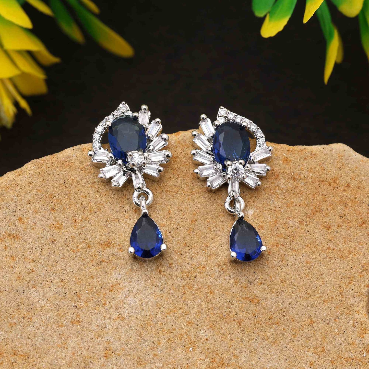 Blue Color Classic Round Cut American Diamond Earrings For Ethnic And Modern Attire