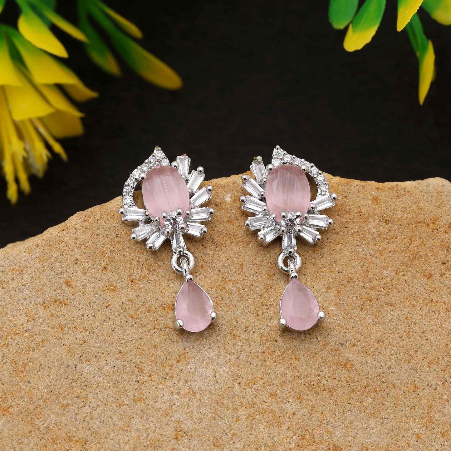 Pink Color Beautiful Designer American Diamond Earrings For Wedding And Festive Look